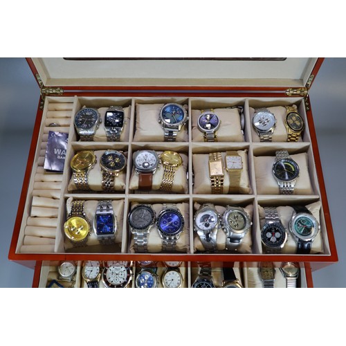 204 - Walnut finish watch box containing a collection of assorted gents wristwatches: Chronograph, Seiko, ... 