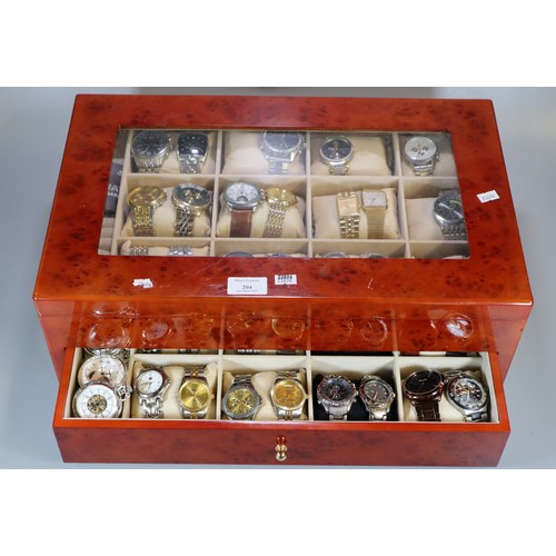 204 - Walnut finish watch box containing a collection of assorted gents wristwatches: Chronograph, Seiko, ... 