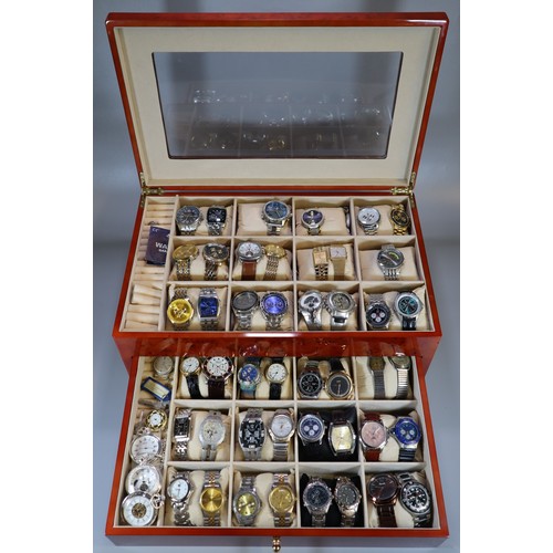 204 - Walnut finish watch box containing a collection of assorted gents wristwatches: Chronograph, Seiko, ... 