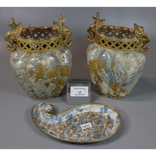 13 - Pair of Doulton and Rix Marqueterie fluted vases with reticulated rims and mythical mask gilded moun... 