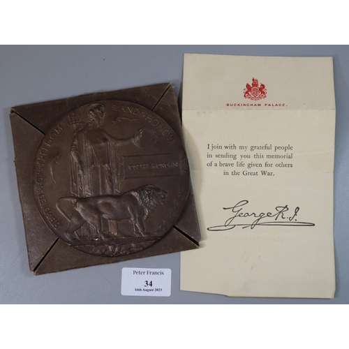 34 - WW1 bronze Death Penny/plaque for Joseph Morgan with printed certificate from George V in envelope c... 