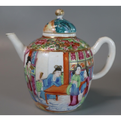 49 - Chinese porcelain Canton famille rose teapot with matching domed lid, depicting figures in a garden ... 