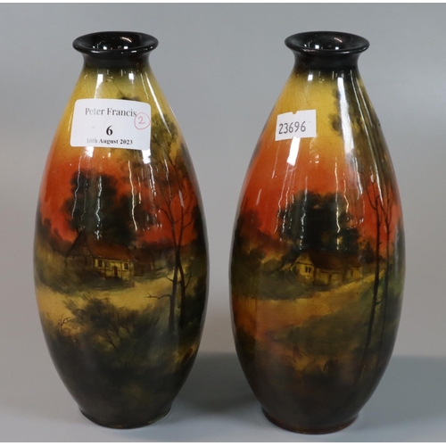 6 - Pair of Doulton Burslem Holbein ware vases of ovoid form, hand painted with scenes of fields and cot... 