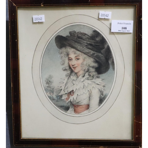 108 - After Gainsborough, portrait of a lady.  Coloured print.  17x14cm approx.  Framed and glazed.  (B.P.... 