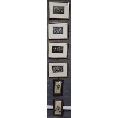 115 - Group of four Japanese painted panels depicting various figures in different settings in monochrome ... 