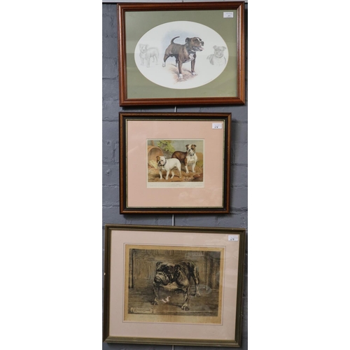 117 - Group of three coloured prints featuring Staffordshire Bull Terriers and Bulldogs including a signed... 