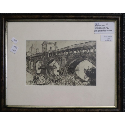 119 - After Frank Brangwyn, from the uncoloured etching, The Old Bridge, Pavia.  14x22cm approx.  Framed a... 