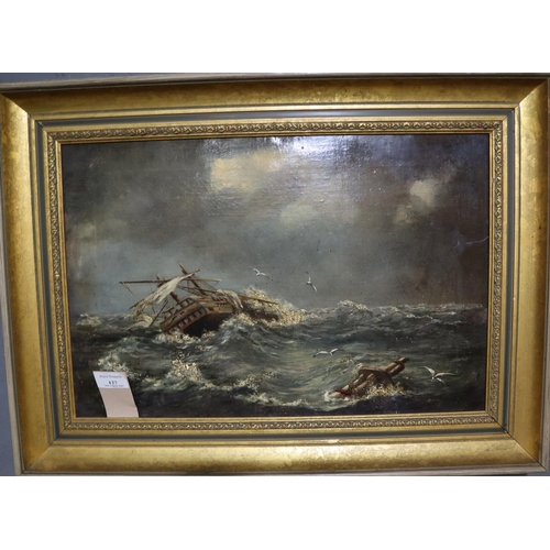 127 - British Marine School (19th century), shipwreck study, unsigned.  Oils on canvas.  31x45cm approx.  ... 