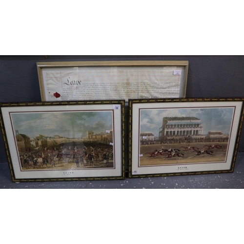 135 - Two reproduction horse racing prints, 'Epsom' in good quality inlaid frames together with a framed I... 