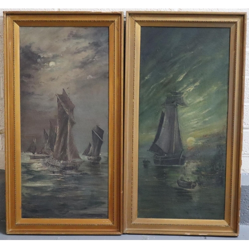 136 - M Davies, fishing vessels in the moonlight, a pair, signed.  Oils on canvas.  77x35cm approx.  Frame... 