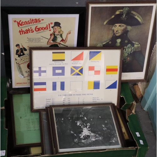 142 - Box of assorted furnishing pictures and prints, including: reproduction 'Kensitas Cigarettes' advert... 