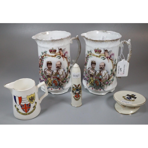 147 - Pair of Austrian china commemorative King Edward VII mugs for the Coronation 1902, two items of earl... 