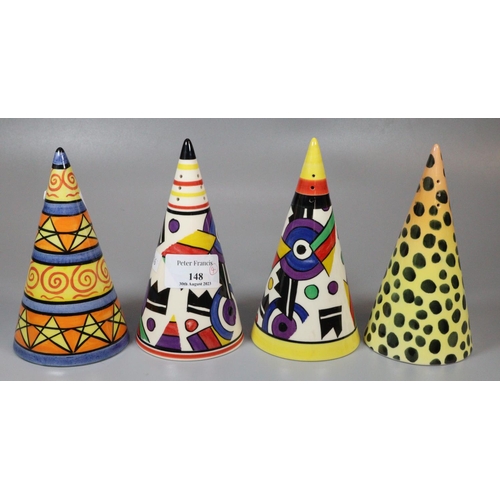 148 - Four conical sugar sifters, a pair by Chelsea Works Burslem Staffordshire 'Moorland' design, one Lor... 