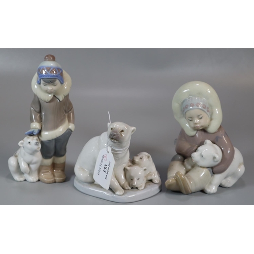 153 - Three Lladro Spanish porcelain figures: two of people, one of Polar Bears, two with children and Pol... 