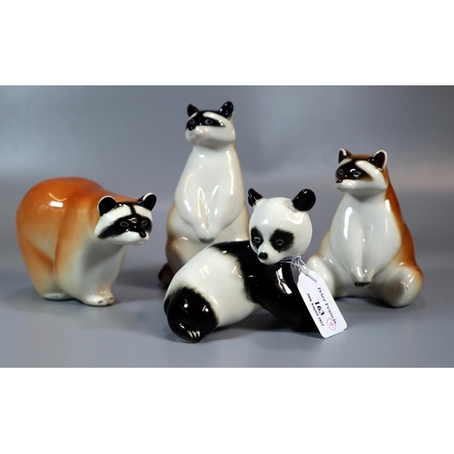 163 - Four Russian animal figures, to include: three Racoons in various poses and a Panda.  (4)  (B.P. 21%... 