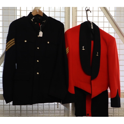 169 - British Army Officer's dress tunic and trousers together with dark blue sergeants long jacket and tr... 