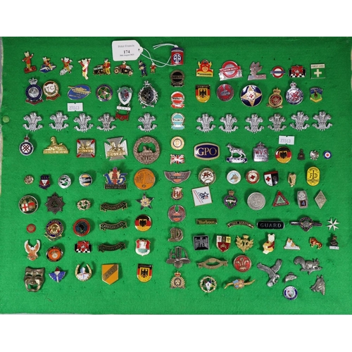 174 - Collection of enamel badges and cap badges, military and others to include: S.W.B WWII bakelite plas... 