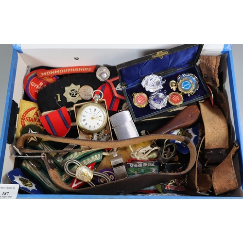 187 - Collection of Boys Brigade, Boy Scouts and Military items, including: Belts, penknives, pocket watch... 