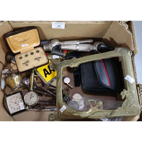 188 - Box of oddments to include: meat skewer, Middle Eastern knife, beer taps, AA badge, pocket watch, al... 