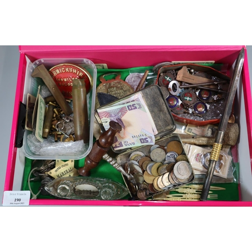 190 - Box of assorted coins, medals Coronation Medals, pipes, badges, RAF cigarette cards, corkscrew, lett... 