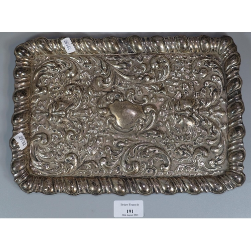 191 - Silver repoussé foliate decorated gadroon edged tray.  Birmingham hallmarks.   7.8 troy oz approx.  ... 