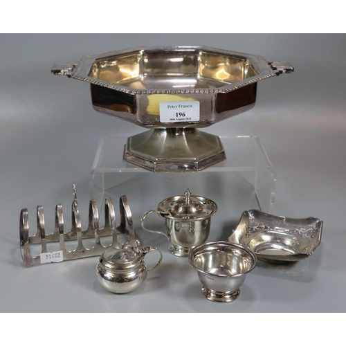 196 - Collection of assorted silver and silver plate, to include: plated pedestal bowl, three piece silver... 