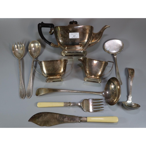 197 - Assorted silver plated cutlery including: large ladle, salad servers etc.  together with a three pie... 