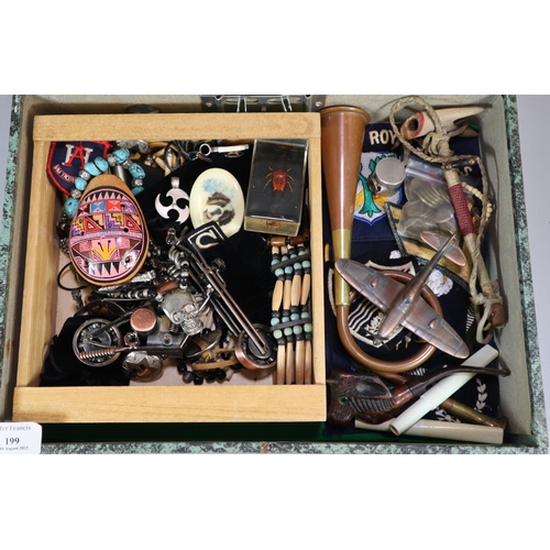 199 - Collection of assorted skull and other jewellery, hunting horn, various pipes, military patches, tok... 