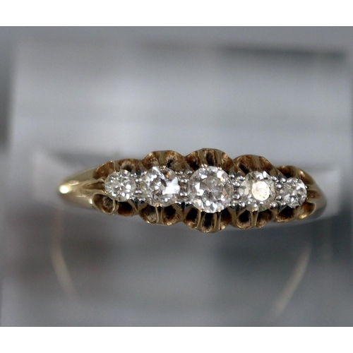 201 - 18ct gold Victorian setting five stone diamond dress ring.  2.9g approx.  Size J.  Small leather cov... 