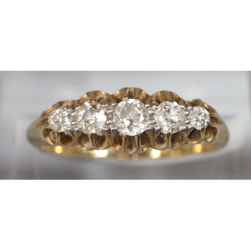 201 - 18ct gold Victorian setting five stone diamond dress ring.  2.9g approx.  Size J.  Small leather cov... 