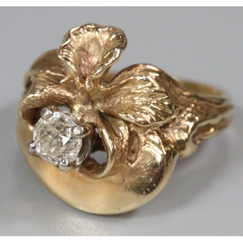 202 - Yellow metal floral design diamond solitaire ring. 6.1g approx.  Ring size J1/2.   0.2ct approx.  (B... 