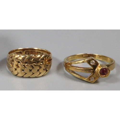 204 - 18ct gold puzzle type design ring together with 14ct gold stone set dress ring.  8g approx.  Ring si... 