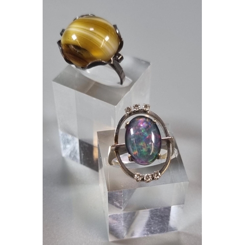 209 - Silver dress ring with agate stone.  Size N. together with Oval triplet opal ring set within an open... 