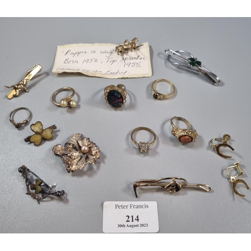 214 - Jewellery case containing a small selection of assorted costume jewellery: rings, brooch, pins etc. ... 