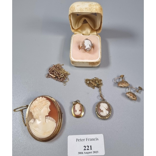 221 - Collection of hardstone cameo jewellery to include: 9ct gold framed portrait cameo brooch, portrait ... 