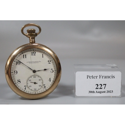 227 - Yellow metal open faced keyless pocket watch with Arabic face having seconds dial, marked 'A Steffan... 