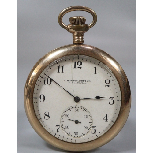 227 - Yellow metal open faced keyless pocket watch with Arabic face having seconds dial, marked 'A Steffan... 