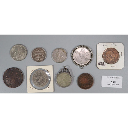 230 - Small collection of coins to include: Australian Florin dated 1927, Spanish Carlos Rey de Espana 198... 