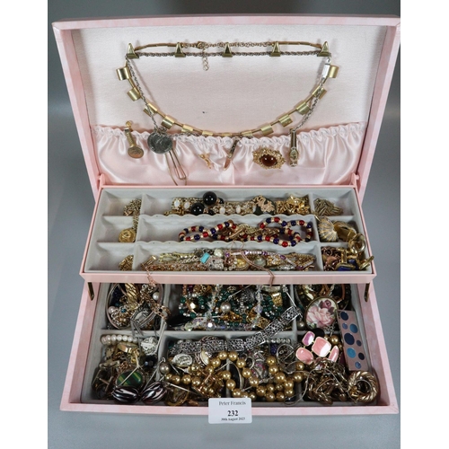 232 - Pink coloured cantilever jewellery box containing a large collection of vintage costume jewellery of... 