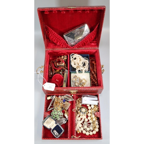 233 - Simulated snake skin jewellery box containing a collection of assorted costume jewellery, cigarette ... 