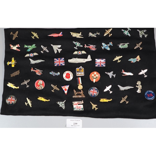 239 - Box of assorted pin badges, principally being aircraft: Help for Heroes and others on the same theme... 