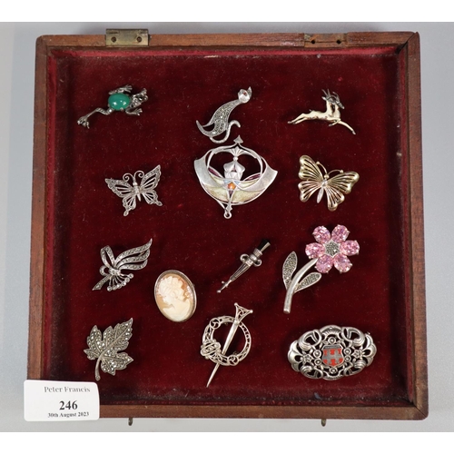 246 - Group of silver marcasite and other brooches: animals, butterflies flowers etc.  (13)  (B.P. 21% + V... 