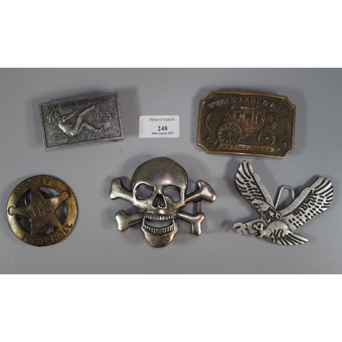 248 - Five American best buckles including: Fargo, Skull and bones, Eagle, US Deputy Marshal, Levi Strouse... 