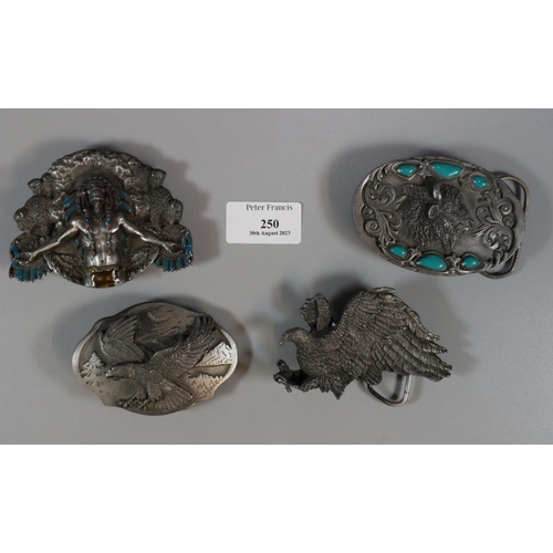 250 - Four good quality USA belt buckles including: Bergamot 1981 Indian buckle, Buffalo buckle, Eagle buc... 