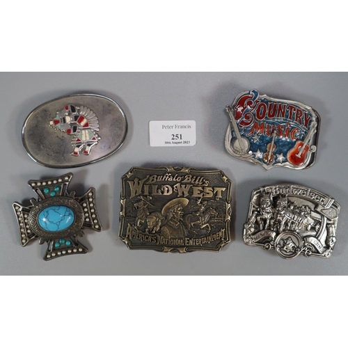 251 - Five USA belt buckles including: Country Music, Buffalo Bill, Budweiser, Indian God, big turquoise s... 