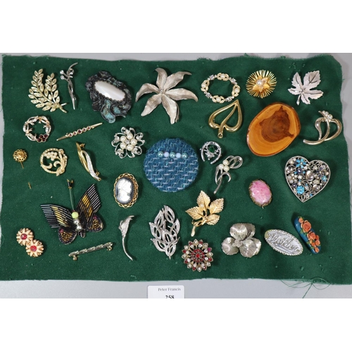 258 - Collection of vintage brooches including: Irish Killarney weavers brooch, butterfly, Scottish Stag e... 