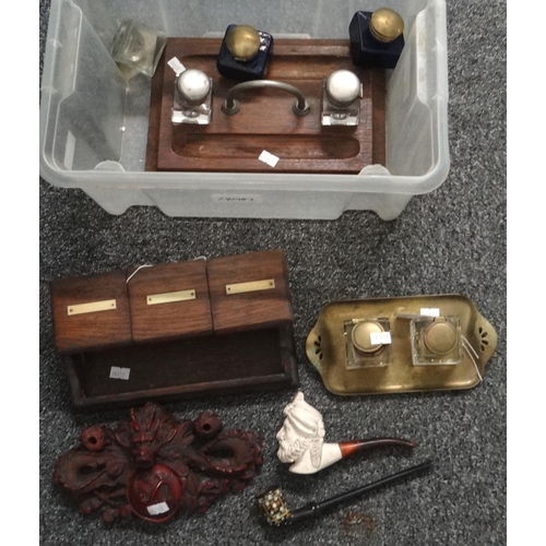 274 - Box of writing equipment, accessories and other collectables to include: early 20th Century wooden d... 