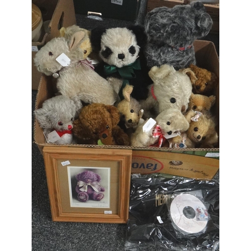 275 - Box of Merrythought and other soft toys to include: Panda, various teddys bears, dogs in various siz... 