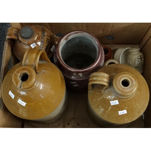 276 - Box of stoneware items to include: jugs, one marked 'Stanton's Beverages, Bolton', two tone jugs, tw... 