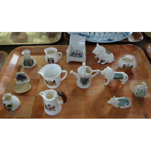 293 - Tray of Crested souvenir ware items to include: Gemma Pottery mug with animal handle, oval 'Rich Tea... 